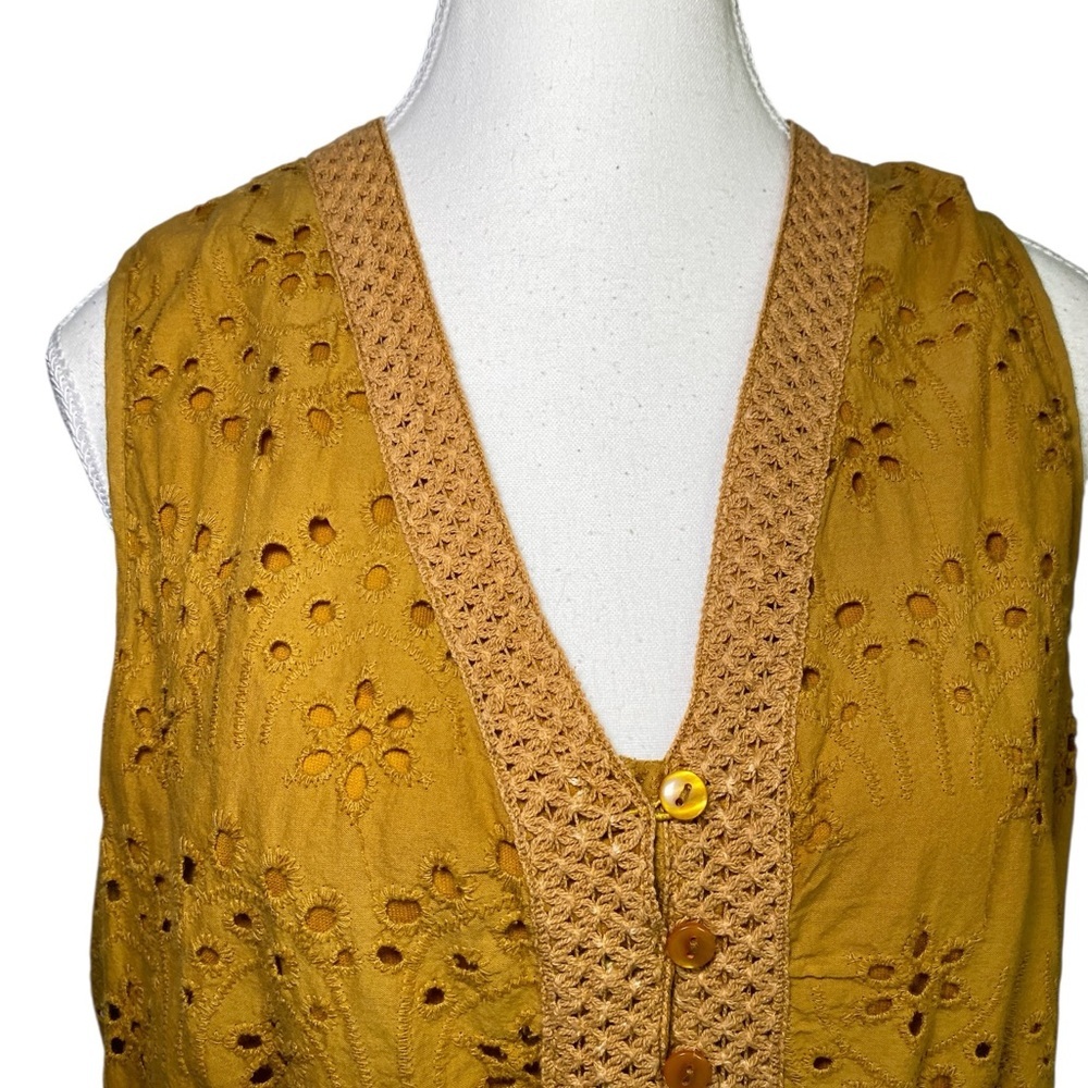 J Gee Mustard Yellow Boho Eyelet Tiered Midi Dress - Smocked Waist, V-Neck - Picture 4 of 16